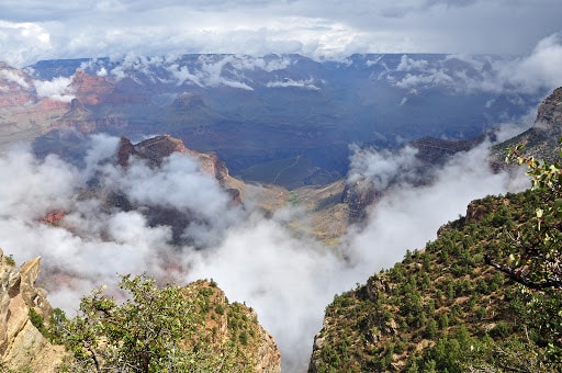 low clouds sitting among the rocks in grand canyon