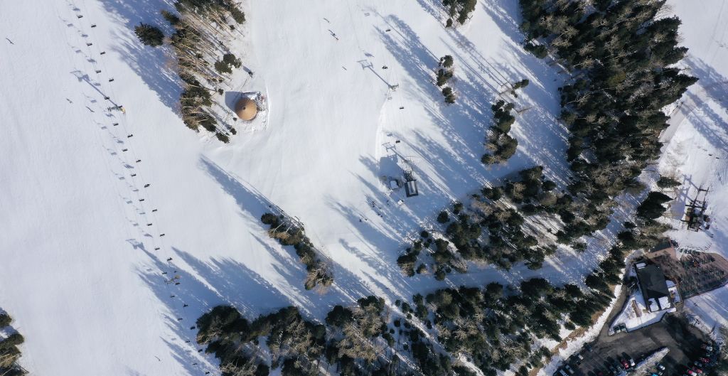 aerial view of a snowy ski area