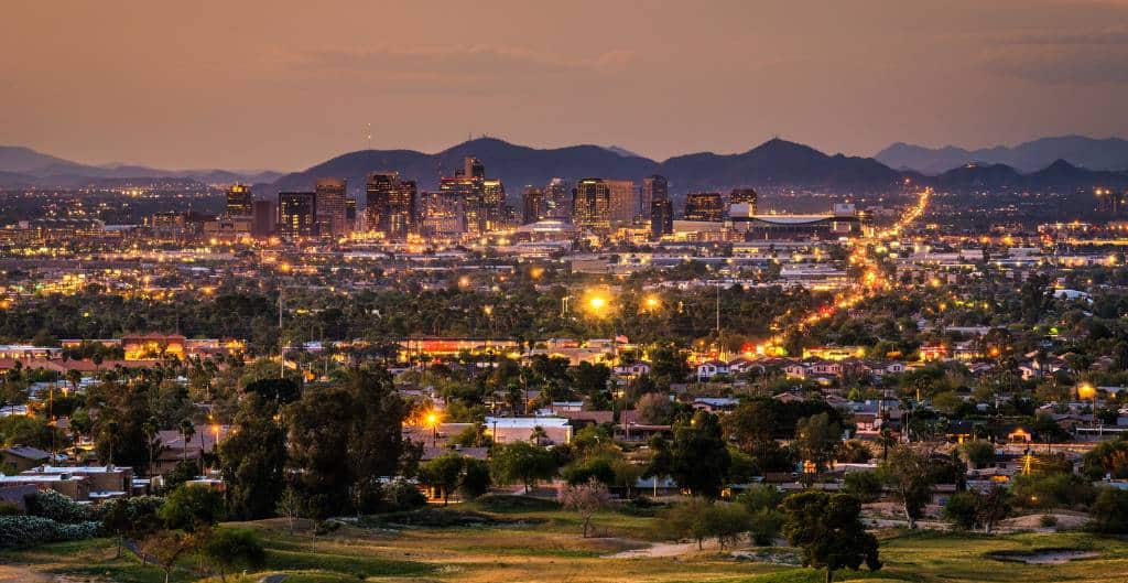 phoenix skyline lights at sunset